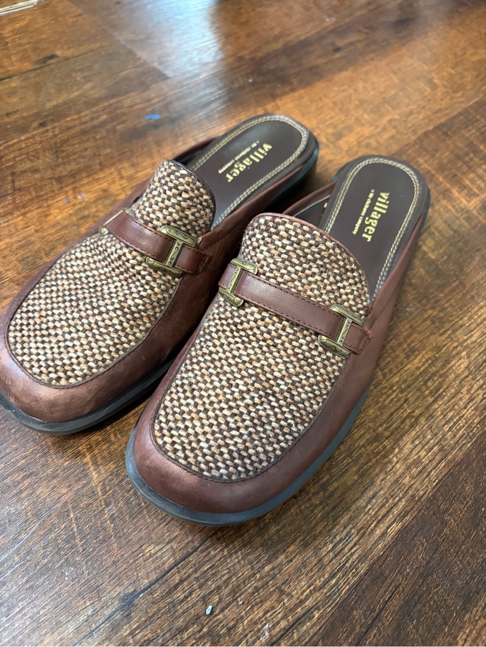 VTG Villager Tweed & Brown Leather Loafer Mules Clogs Size 7 NWOB